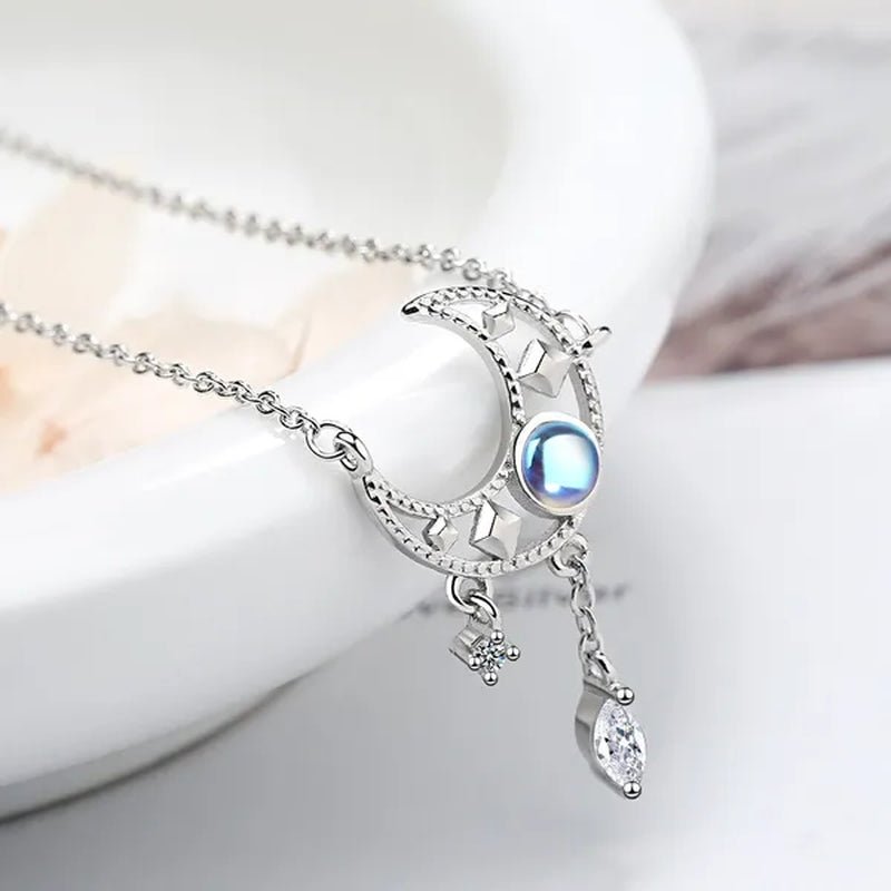 925 Sterling Silver Colorful Moonstone Clavicle Chain Necklace Silver Moon Zircon Tassel Necklace Jewelry for Women - WORLD TIME VISITS