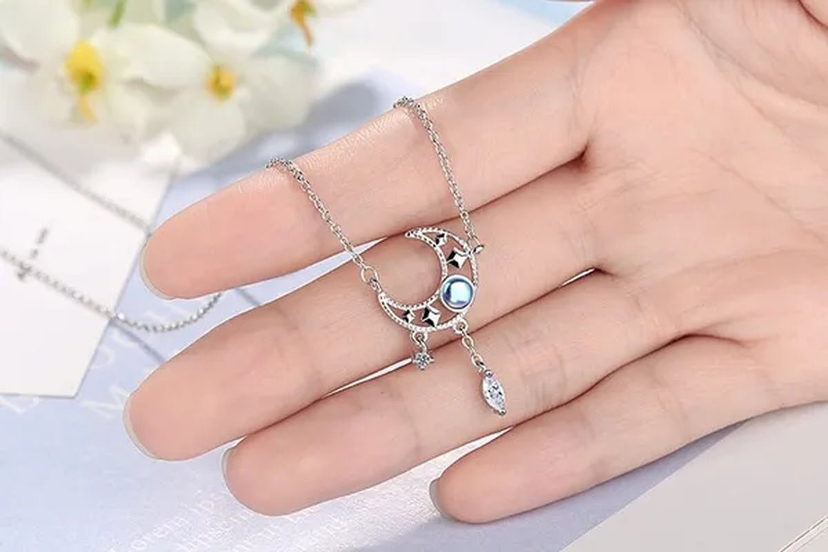 925 Sterling Silver Colorful Moonstone Clavicle Chain Necklace Silver Moon Zircon Tassel Necklace Jewelry for Women