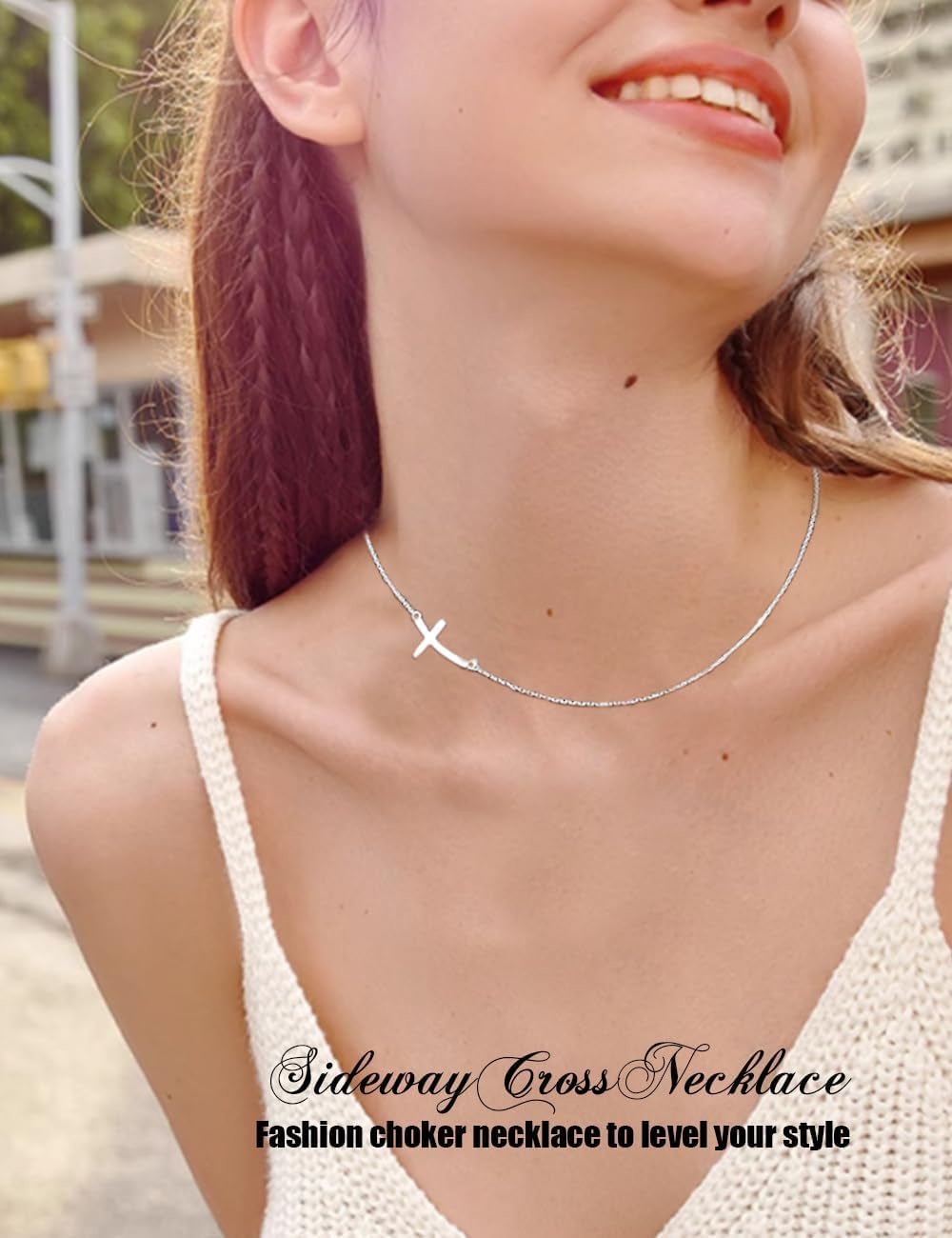 925 Sterling Silver Concise Sideways Cross Pendant Necklace Choker for Women Christian Jewelry - WORLD TIME VISITS