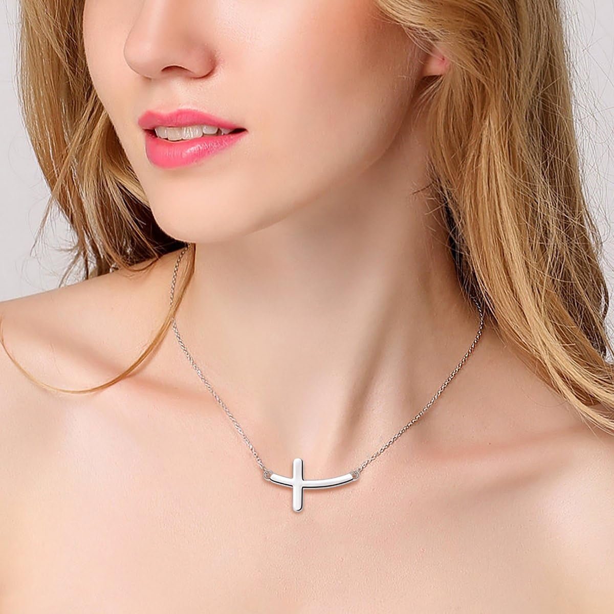 925 Sterling Silver Concise Sideways Cross Pendant Necklace Choker for Women Christian Jewelry
