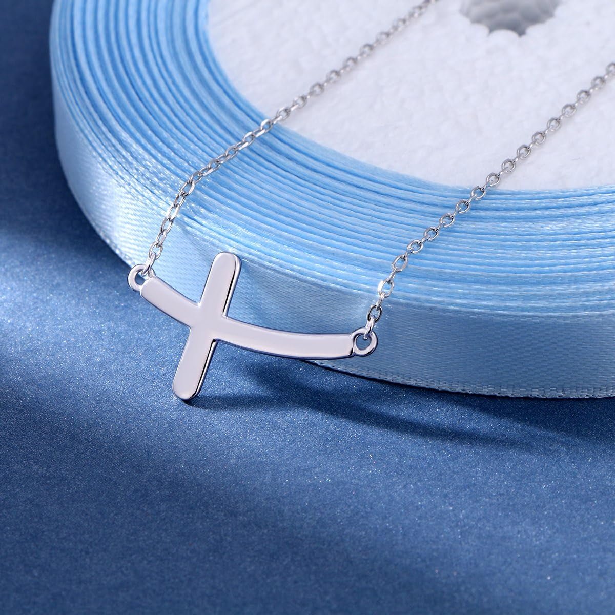 925 Sterling Silver Concise Sideways Cross Pendant Necklace Choker for Women Christian Jewelry