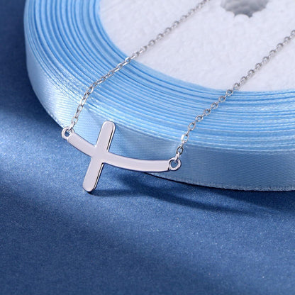 925 Sterling Silver Concise Sideways Cross Pendant Necklace Choker for Women Christian Jewelry