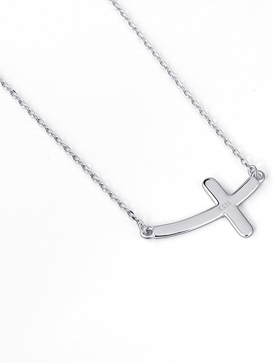 925 Sterling Silver Concise Sideways Cross Pendant Necklace Choker for Women Christian Jewelry