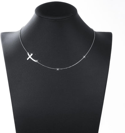 925 Sterling Silver Concise Sideways Cross Pendant Necklace Choker for Women Christian Jewelry