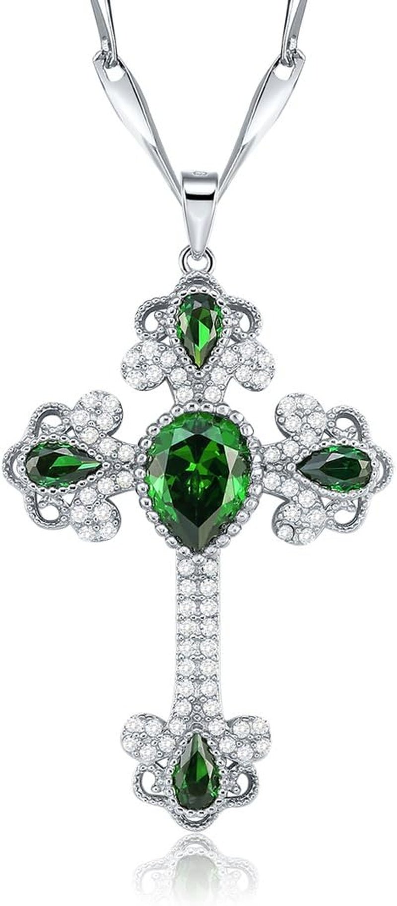 925 Sterling Silver Created Emerald Cross Pendant Necklace for Women Religious Jewelry Rhinestone Holy Irish Charm CZ Halo Christian Faith Keepsake - WORLD TIME VISITS