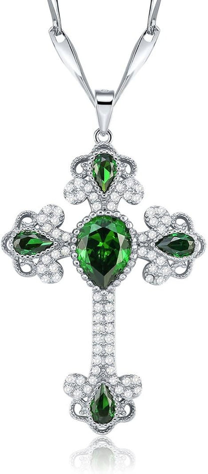 925 Sterling Silver Created Emerald Cross Pendant Necklace for Women Religious Jewelry Rhinestone Holy Irish Charm CZ Halo Christian Faith Keepsake - WORLD TIME VISITS