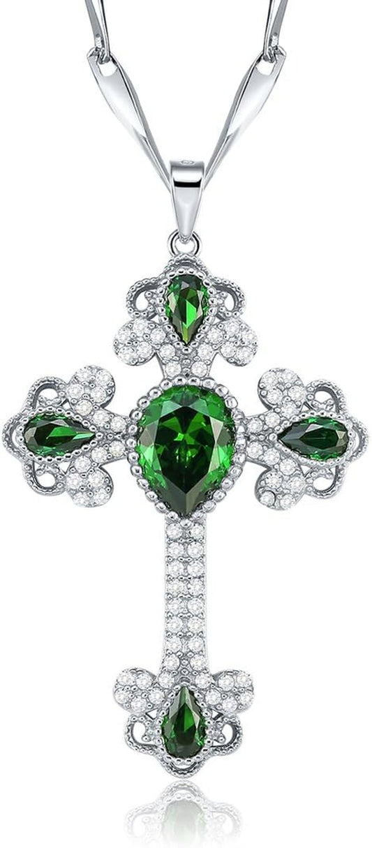925 Sterling Silver Created Emerald Cross Pendant Necklace for Women Religious Jewelry Rhinestone Holy Irish Charm CZ Halo Christian Faith Keepsake - WORLD TIME VISITS