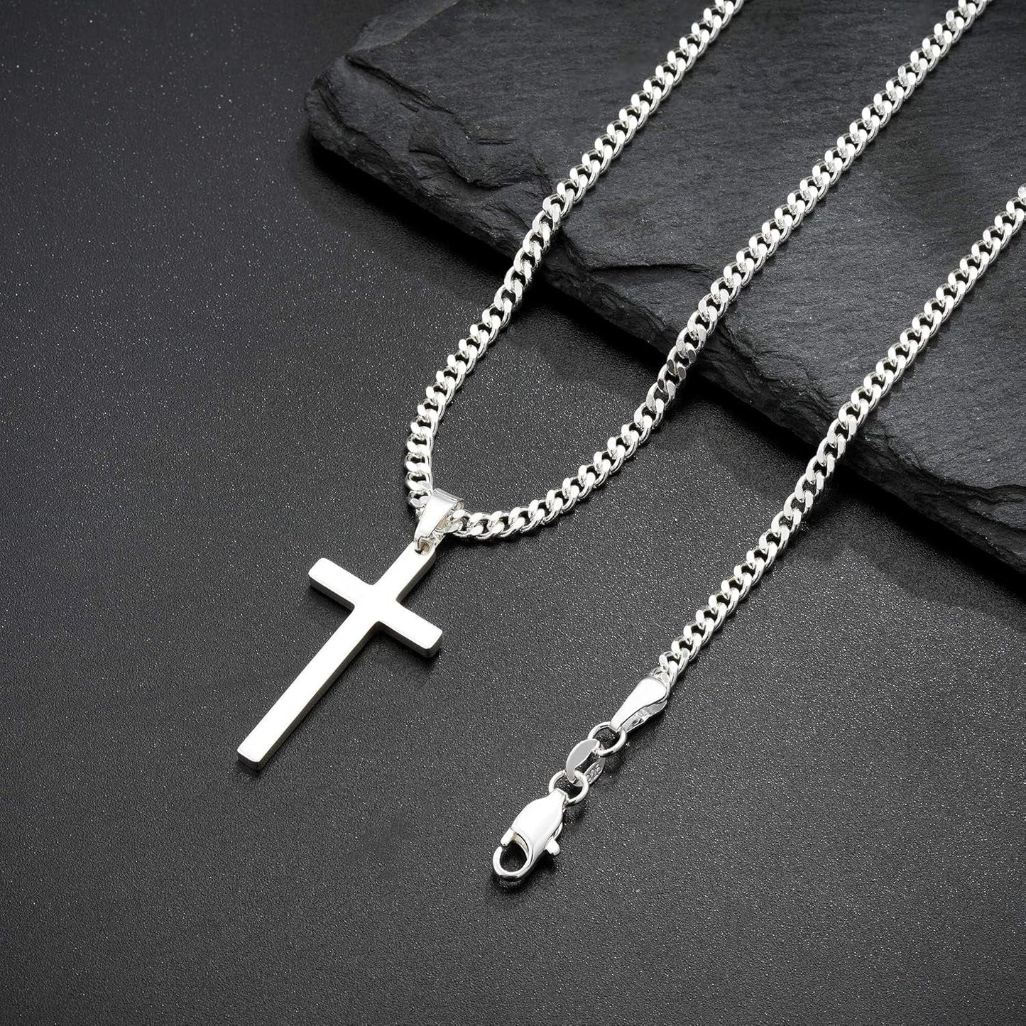 925 Sterling Silver Cross Necklace for Men, 3.5MM Diamond Cut Cuban Link Chain Silver Cross Necklace Christian Gifts for Boyfriend Father Husband