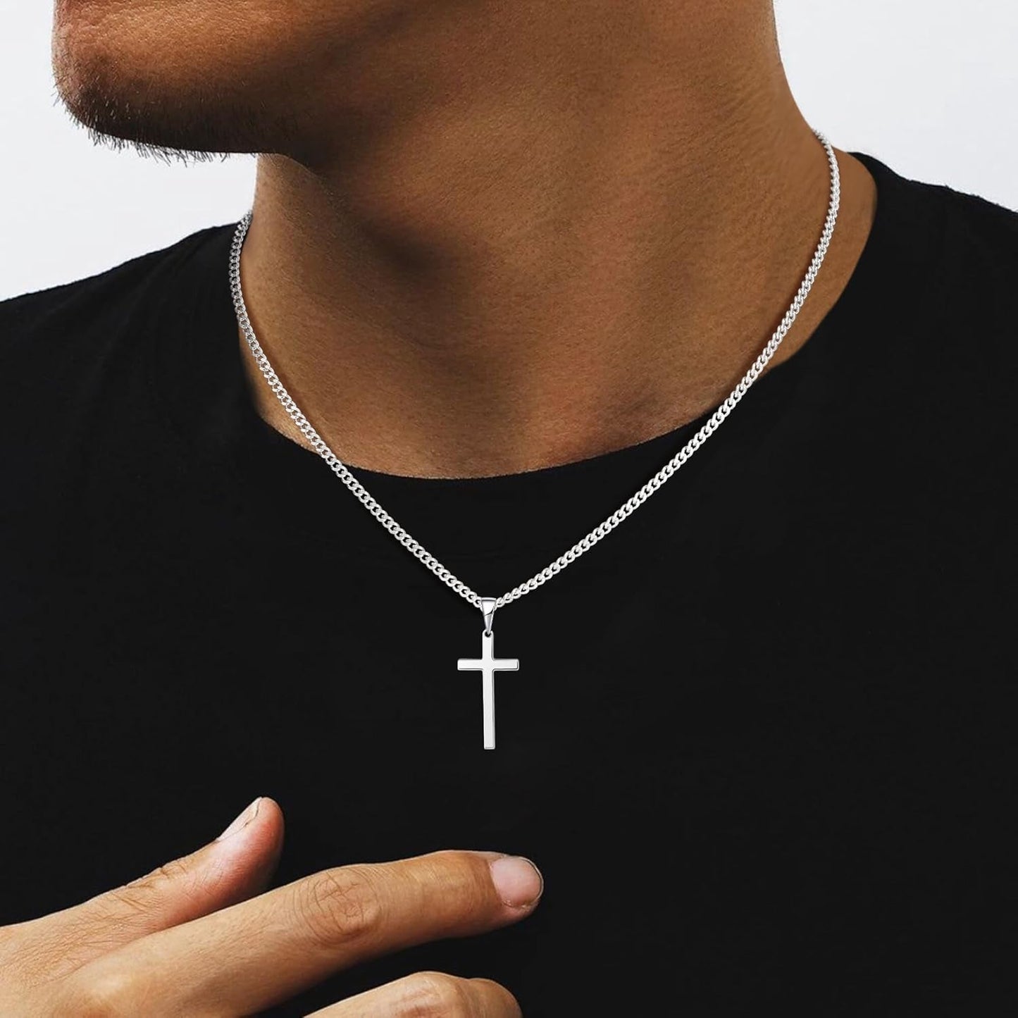 925 Sterling Silver Cross Necklace for Men, 3.5MM Diamond Cut Cuban Link Chain Silver Cross Necklace Christian Gifts for Boyfriend Father Husband