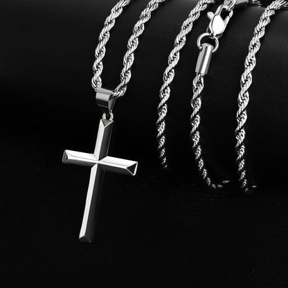 925 Sterling Silver Cross Necklace for Men with 3.5Mm Stainless Steel Twist Clasp Rope Chain Necklace Beveled Edge Cross Pendant Necklace for Men Women 16-28 Inches