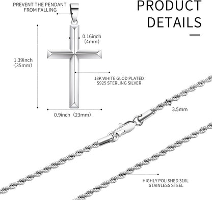 925 Sterling Silver Cross Necklace for Men with 3.5Mm Stainless Steel Twist Clasp Rope Chain Necklace Beveled Edge Cross Pendant Necklace for Men Women 16-28 Inches