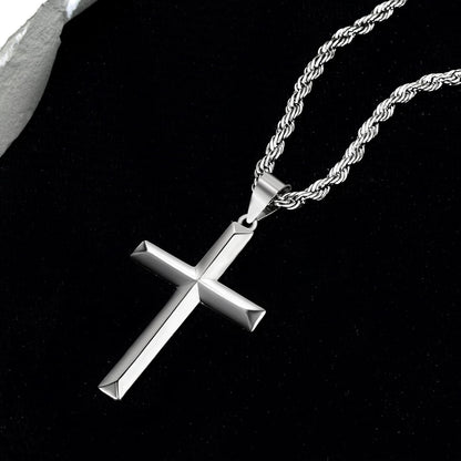 925 Sterling Silver Cross Necklace for Men with 3.5Mm Stainless Steel Twist Clasp Rope Chain Necklace Beveled Edge Cross Pendant Necklace for Men Women 16-28 Inches