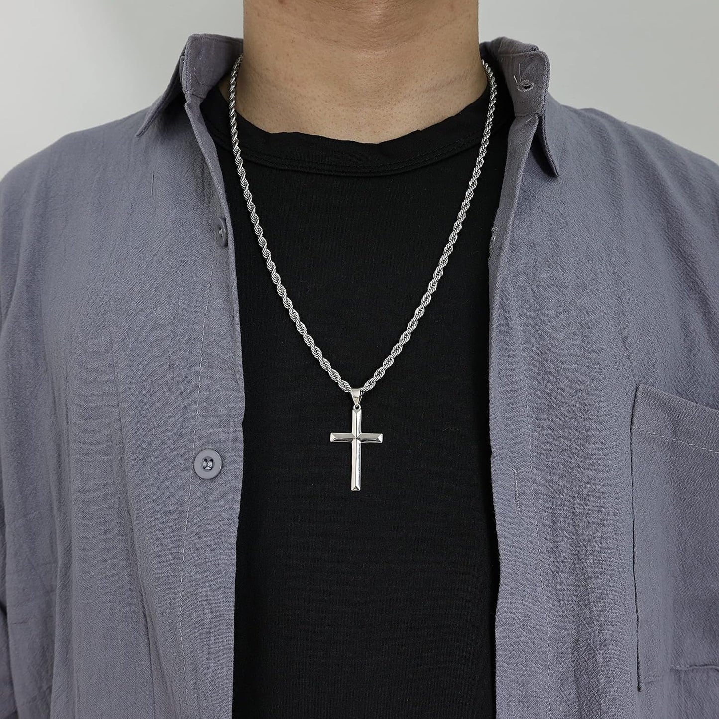 925 Sterling Silver Cross Necklace for Men with 3.5Mm Stainless Steel Twist Clasp Rope Chain Necklace Beveled Edge Cross Pendant Necklace for Men Women 16 - 28 Inches - WORLD TIME VISITS