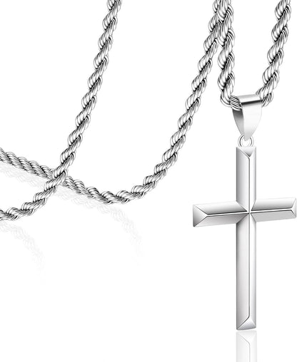 925 Sterling Silver Cross Necklace for Men with 3.5Mm Stainless Steel Twist Clasp Rope Chain Necklace Beveled Edge Cross Pendant Necklace for Men Women 16 - 28 Inches - WORLD TIME VISITS