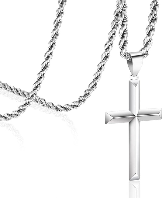 925 Sterling Silver Cross Necklace for Men with 3.5Mm Stainless Steel Twist Clasp Rope Chain Necklace Beveled Edge Cross Pendant Necklace for Men Women 16 - 28 Inches - WORLD TIME VISITS