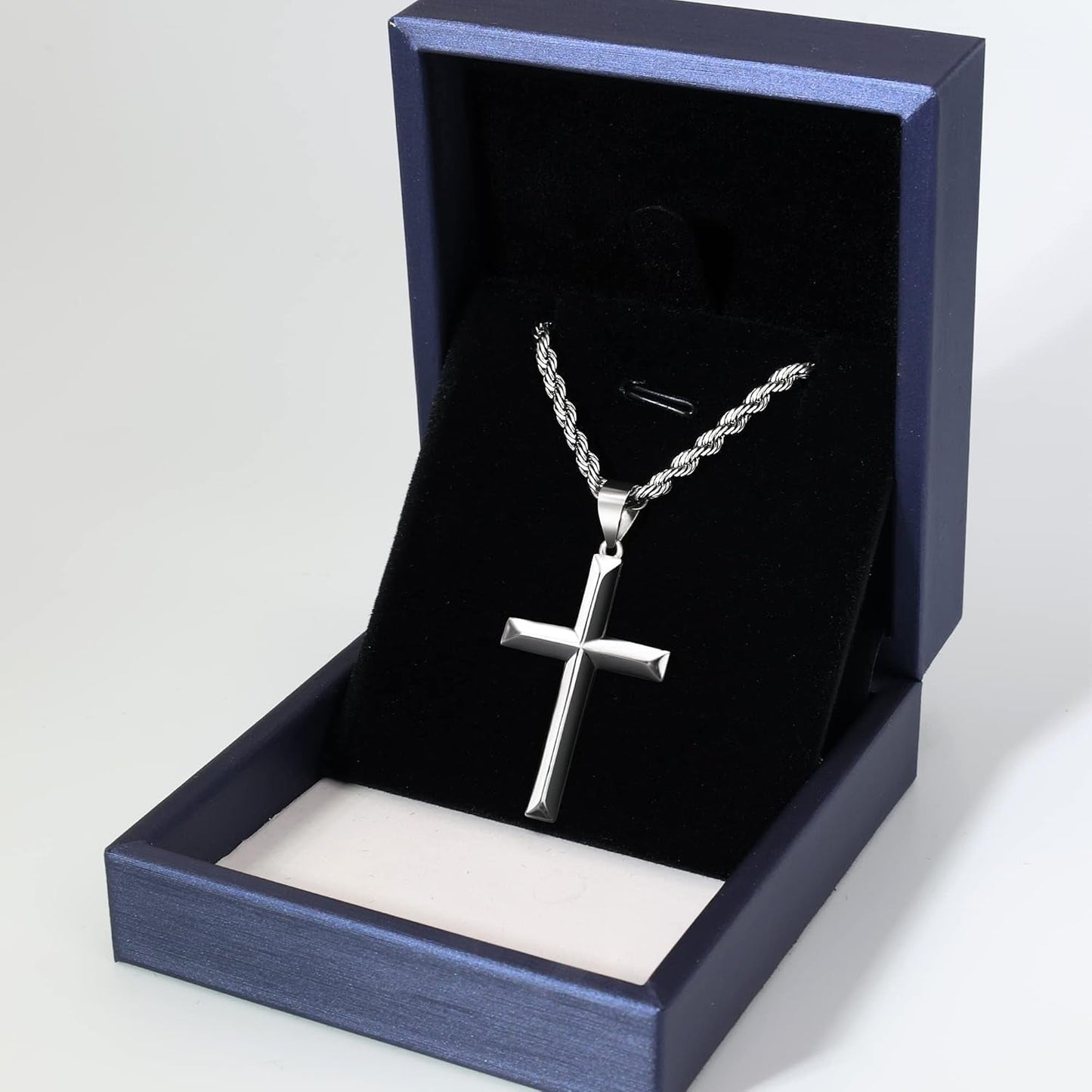 925 Sterling Silver Cross Necklace for Men with 3.5Mm Stainless Steel Twist Clasp Rope Chain Necklace Beveled Edge Cross Pendant Necklace for Men Women 16-28 Inches