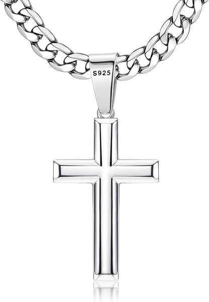 925 Sterling Silver Cross Necklace for Men Women | 5Mm 316L Stainless Steel Diamond - Cut Cuban Link Curb Chain, Beveled - Edge Religous Pendant Jewelry, 16 - 30'' Christian Baptism Gift - WORLD TIME VISITS