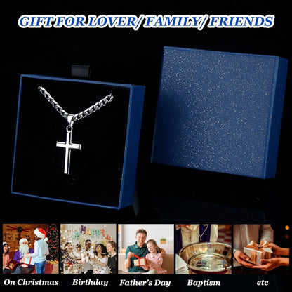 925 Sterling Silver Cross Necklace for Men Women | 5Mm 316L Stainless Steel Diamond-Cut Cuban Link Curb Chain, Beveled-Edge Religous Pendant Jewelry, 16-30'' Christian Baptism Gift