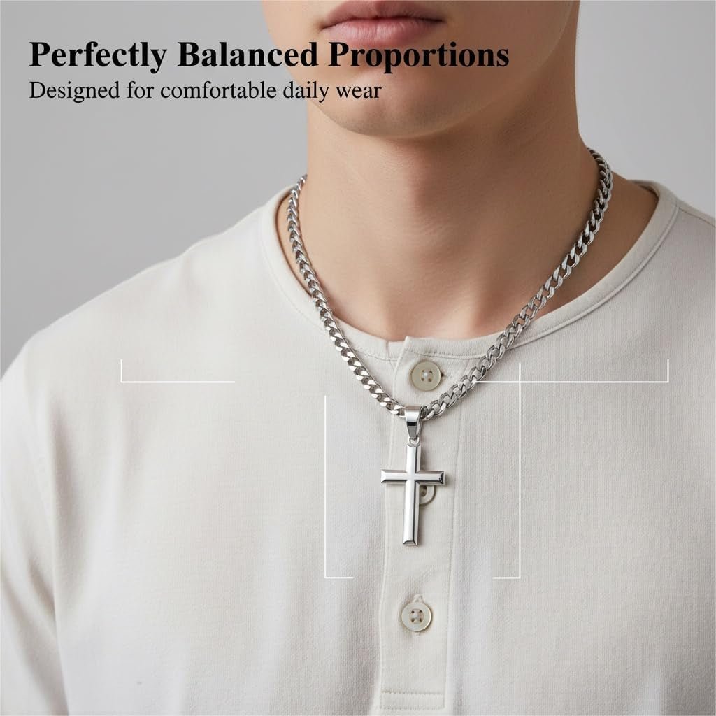 925 Sterling Silver Cross Necklace for Men Women | 5Mm 316L Stainless Steel Diamond-Cut Cuban Link Curb Chain, Beveled-Edge Religous Pendant Jewelry, 16-30'' Christian Baptism Gift