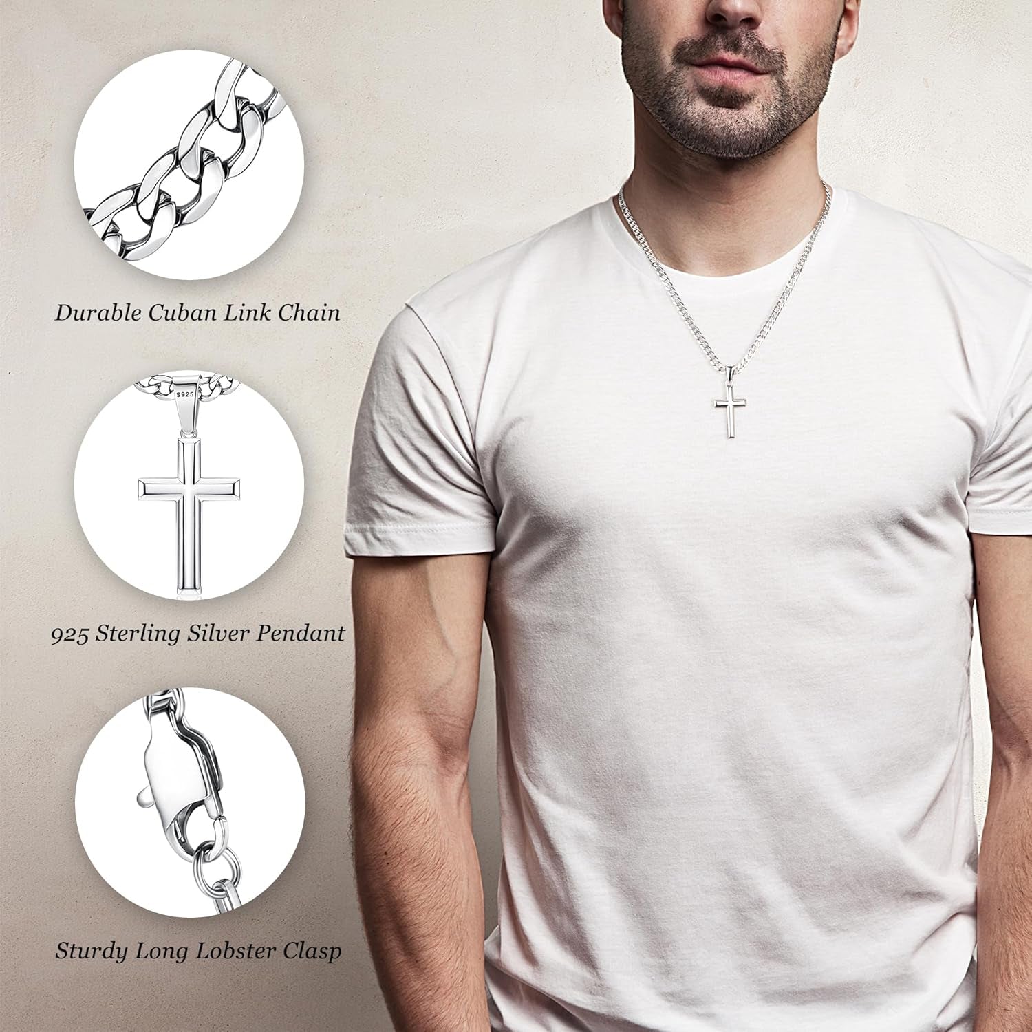 925 Sterling Silver Cross Necklace for Men Women | 5Mm 316L Stainless Steel Diamond - Cut Cuban Link Curb Chain, Beveled - Edge Religous Pendant Jewelry, 16 - 30'' Christian Baptism Gift - WORLD TIME VISITS