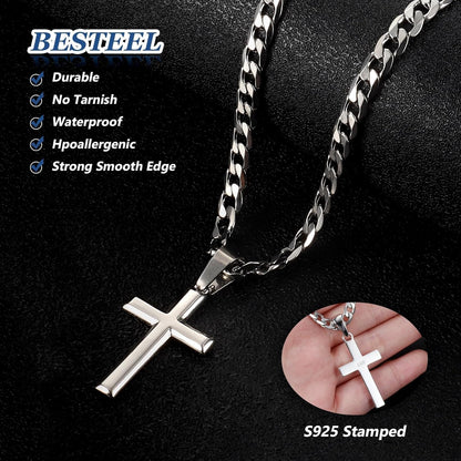 925 Sterling Silver Cross Necklace for Men Women | 5Mm 316L Stainless Steel Diamond-Cut Cuban Link Curb Chain, Beveled-Edge Religous Pendant Jewelry, 16-30'' Christian Baptism Gift