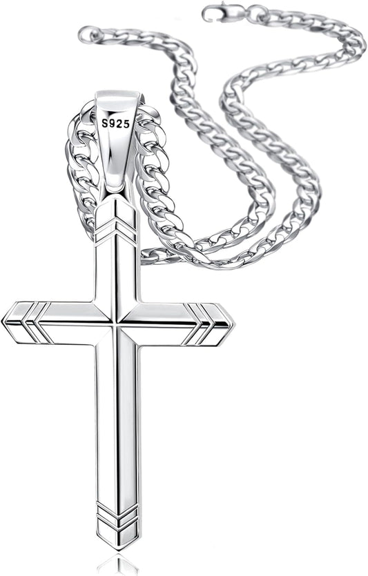 925 Sterling Silver Cross Necklace for Men Women, 5MM Durable Stainless Steel Non Tarnish Cuban Link Curb Chain with Silver Cross Pendant, Mens Cross Crucifix Necklaces Jewelry 16 - 30 Inches - WORLD TIME VISITS