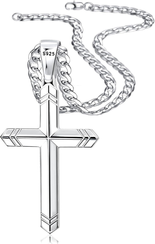 925 Sterling Silver Cross Necklace for Men Women, 5MM Durable Stainless Steel Non Tarnish Cuban Link Curb Chain with Silver Cross Pendant, Mens Cross Crucifix Necklaces Jewelry 16 - 30 Inches - WORLD TIME VISITS