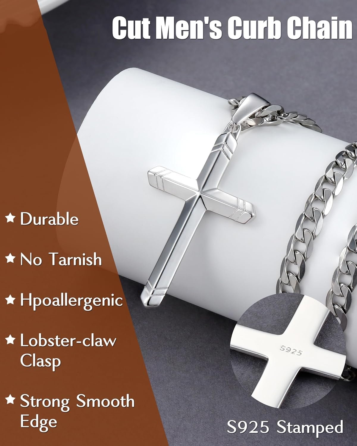 925 Sterling Silver Cross Necklace for Men Women, 5MM Durable Stainless Steel Non Tarnish Cuban Link Curb Chain with Silver Cross Pendant, Mens Cross Crucifix Necklaces Jewelry 16-30 Inches