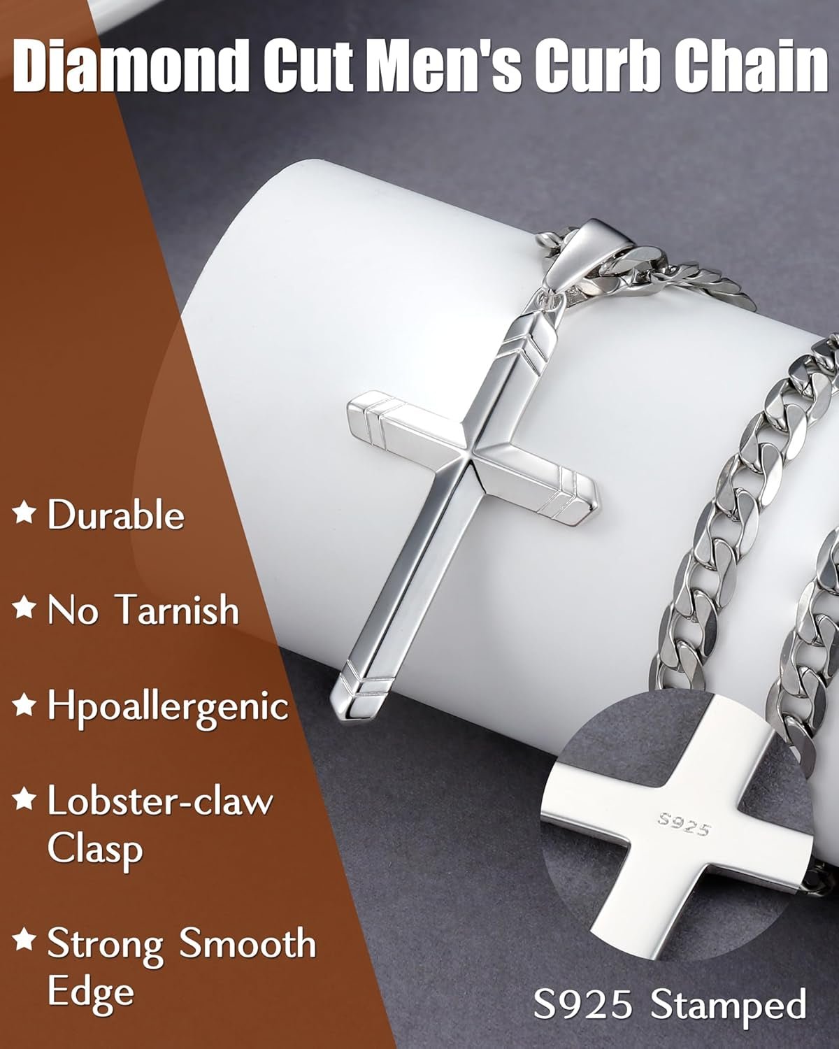 925 Sterling Silver Cross Necklace for Men Women, 5MM Durable Stainless Steel Non Tarnish Cuban Link Curb Chain with Silver Cross Pendant, Mens Cross Crucifix Necklaces Jewelry 16-30 Inches