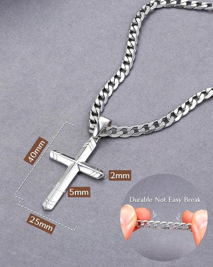 925 Sterling Silver Cross Necklace for Men Women, 5MM Durable Stainless Steel Non Tarnish Cuban Link Curb Chain with Silver Cross Pendant, Mens Cross Crucifix Necklaces Jewelry 16-30 Inches