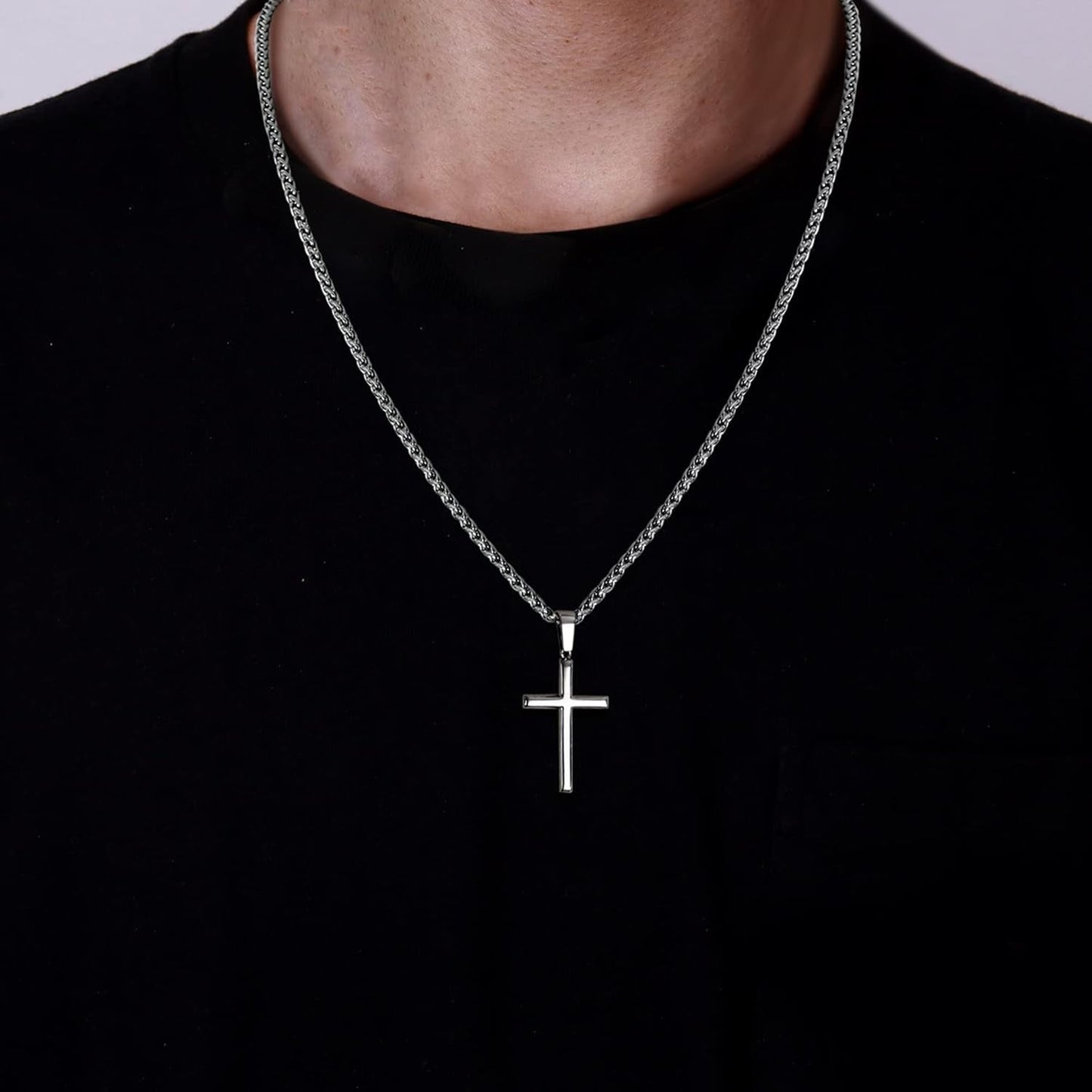 925 Sterling Silver Cross Necklace for Men Women with 3MM Stainless Steel Strong Durable Wheat Chain 18K White Gold Plated Crucifix Pendant Necklace Jewelry 16-30 Inches