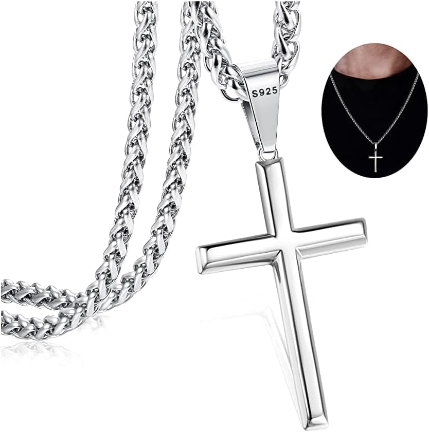 925 Sterling Silver Cross Necklace for Men Women with 3MM Stainless Steel Strong Durable Wheat Chain 18K White Gold Plated Crucifix Pendant Necklace Jewelry 16 - 30 Inches - WORLD TIME VISITS