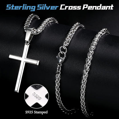 925 Sterling Silver Cross Necklace for Men Women with 3MM Stainless Steel Strong Durable Wheat Chain 18K White Gold Plated Crucifix Pendant Necklace Jewelry 16-30 Inches