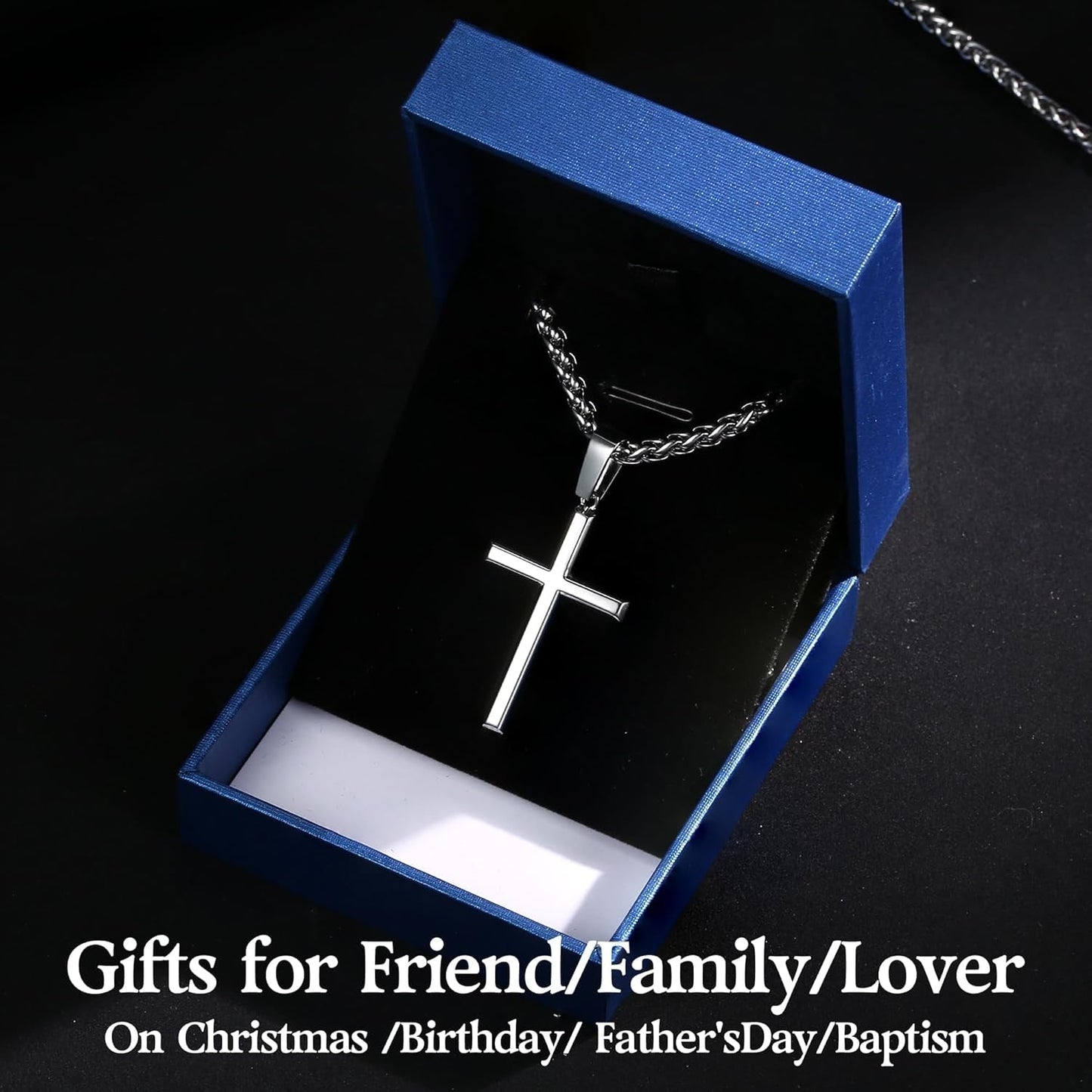 925 Sterling Silver Cross Necklace for Men Women with 3MM Stainless Steel Strong Durable Wheat Chain 18K White Gold Plated Crucifix Pendant Necklace Jewelry 16-30 Inches