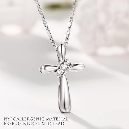 925 Sterling Silver Cross Necklace for Women 3 Stone Cubic Zirconia Silver Cross Pendant Necklaces with 1 MM Box Chain,18 Inches