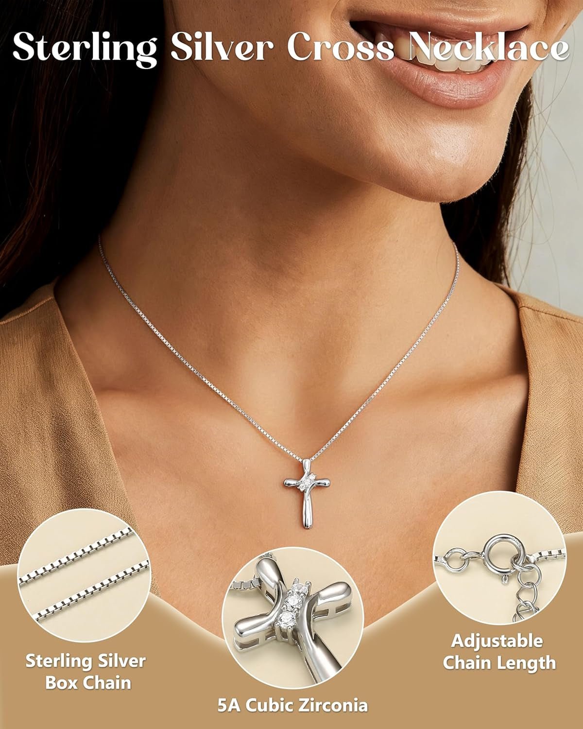 925 Sterling Silver Cross Necklace for Women 3 Stone Cubic Zirconia Silver Cross Pendant Necklaces with 1 MM Box Chain,18 Inches