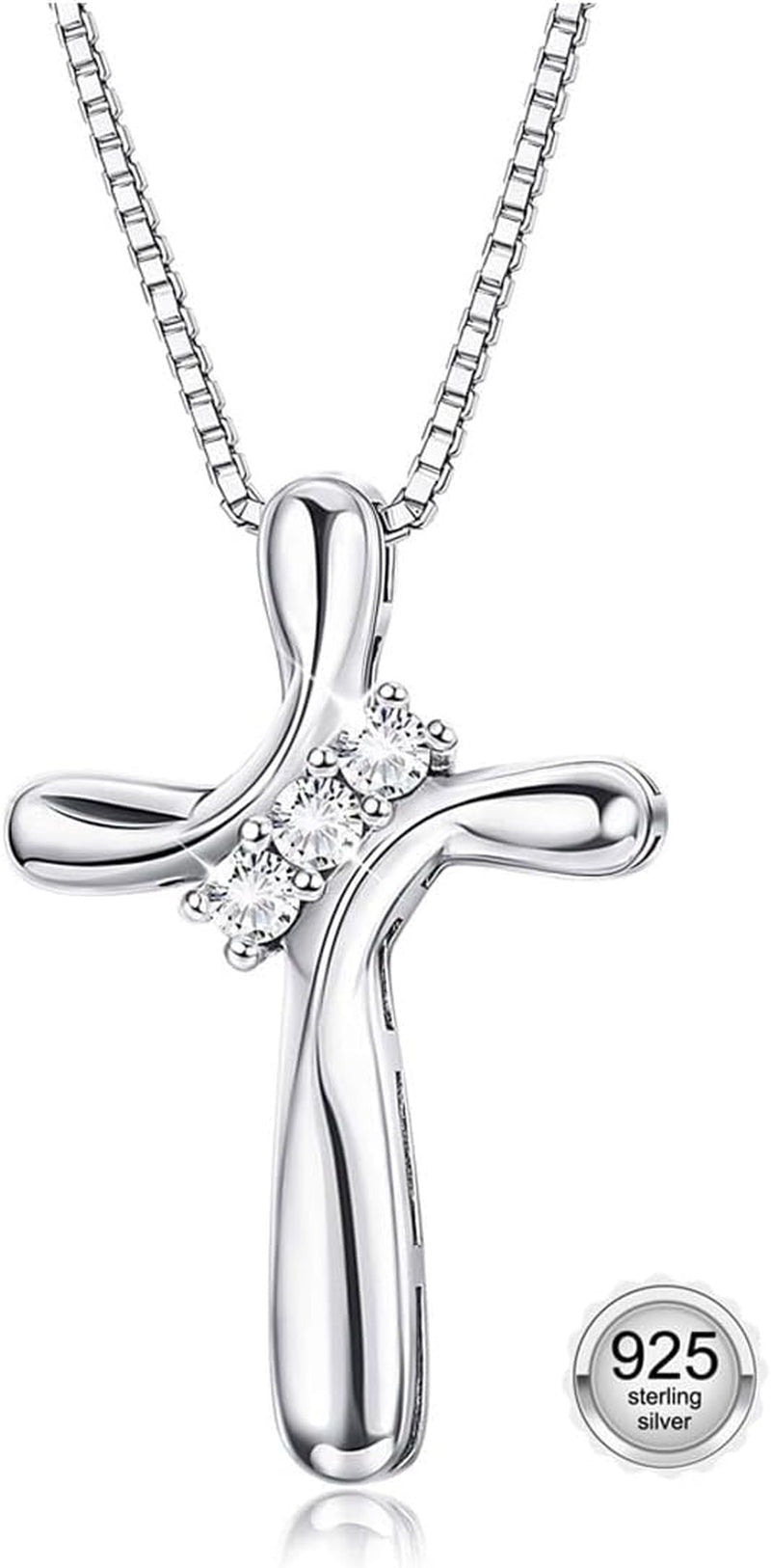 925 Sterling Silver Cross Necklace for Women 3 Stone Cubic Zirconia Silver Cross Pendant Necklaces with 1 MM Box Chain,18 Inches - WORLD TIME VISITS