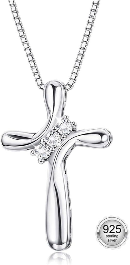 925 Sterling Silver Cross Necklace for Women 3 Stone Cubic Zirconia Silver Cross Pendant Necklaces with 1 MM Box Chain,18 Inches - WORLD TIME VISITS