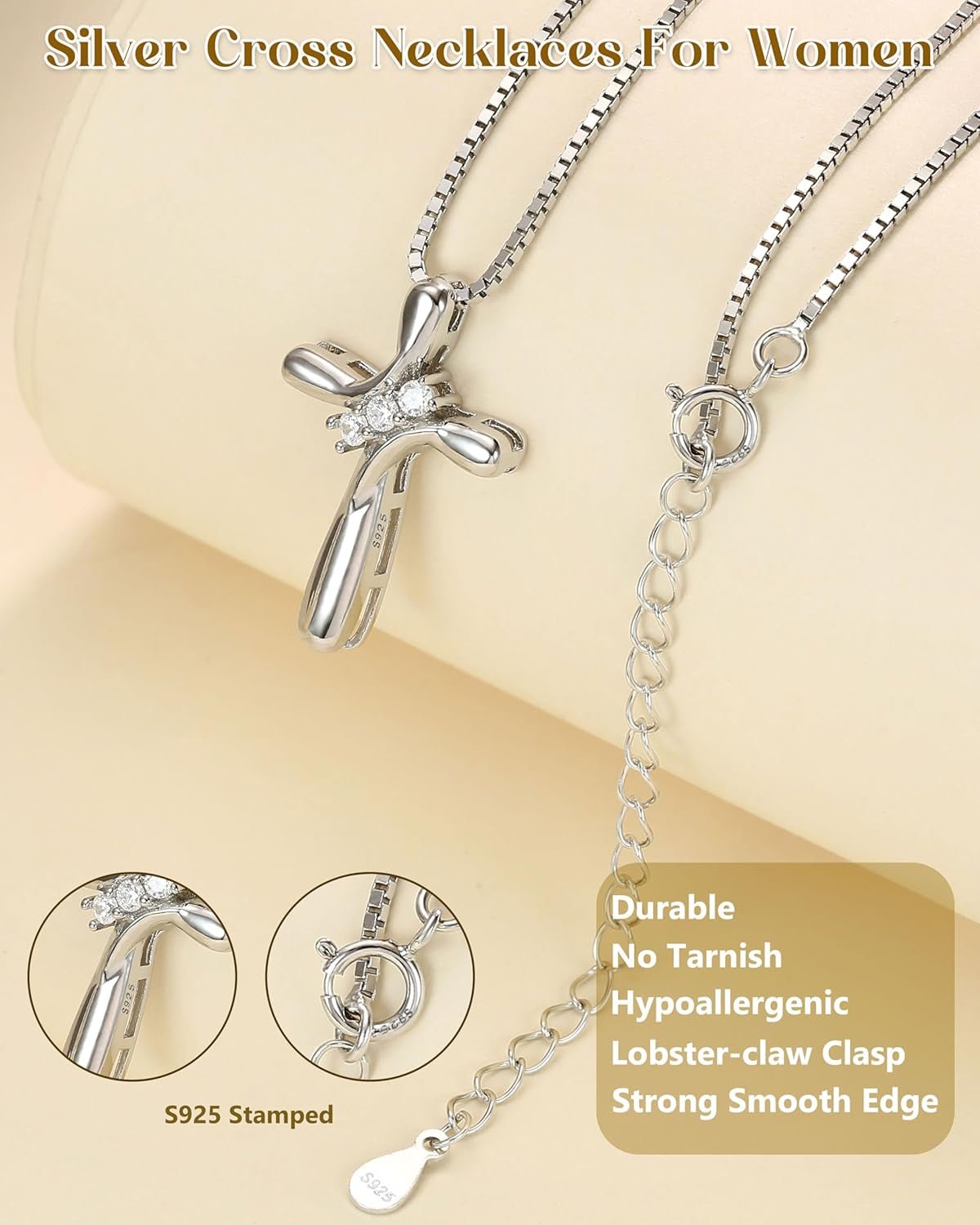 925 Sterling Silver Cross Necklace for Women 3 Stone Cubic Zirconia Silver Cross Pendant Necklaces with 1 MM Box Chain,18 Inches