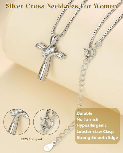925 Sterling Silver Cross Necklace for Women 3 Stone Cubic Zirconia Silver Cross Pendant Necklaces with 1 MM Box Chain,18 Inches