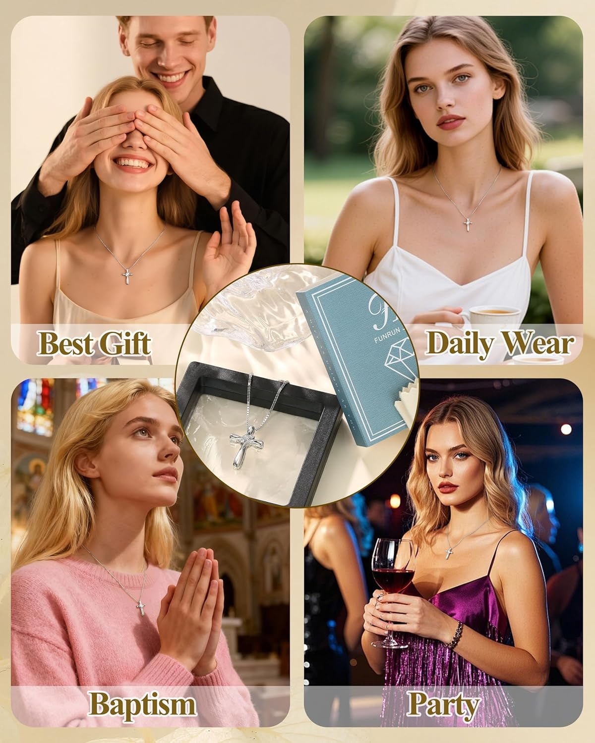 925 Sterling Silver Cross Necklace for Women 3 Stone Cubic Zirconia Silver Cross Pendant Necklaces with 1 MM Box Chain,18 Inches