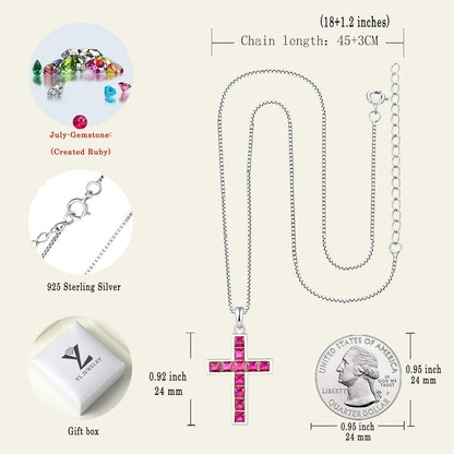 925 Sterling Silver Cross Necklace for Women Halo Pendant Princess Cut Birthstone Jewelry for Mom