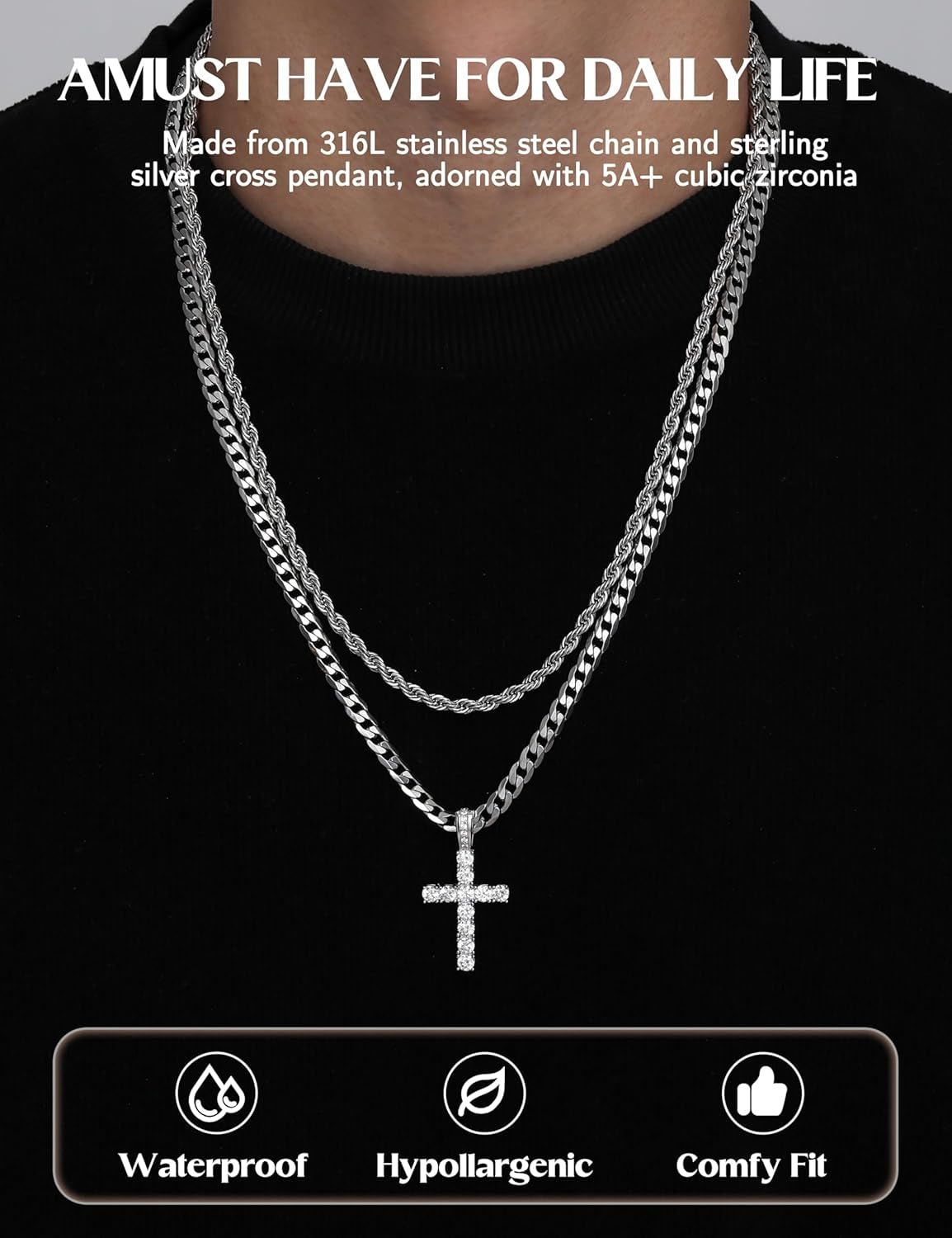 925 Sterling Silver Cross Necklace Men - CZ Cross Pendant Layered Necklaces Waterproof Stainless Steel Cuban Link Rope Chain Silver Necklace Stack Jewelry with Gift Box 16 - 30 Inches - WORLD TIME VISITS