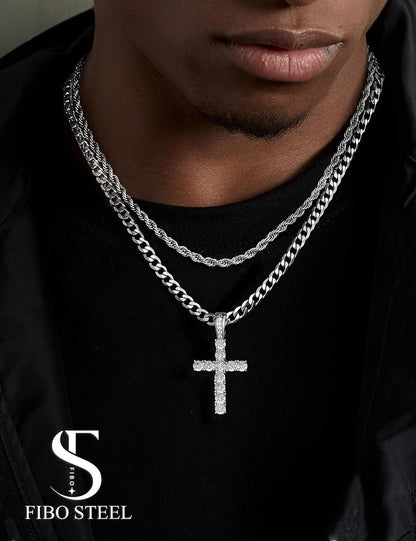 925 Sterling Silver Cross Necklace Men - CZ Cross Pendant Layered Necklaces Waterproof Stainless Steel Cuban Link Rope Chain Silver Necklace Stack Jewelry with Gift Box 16-30 Inches