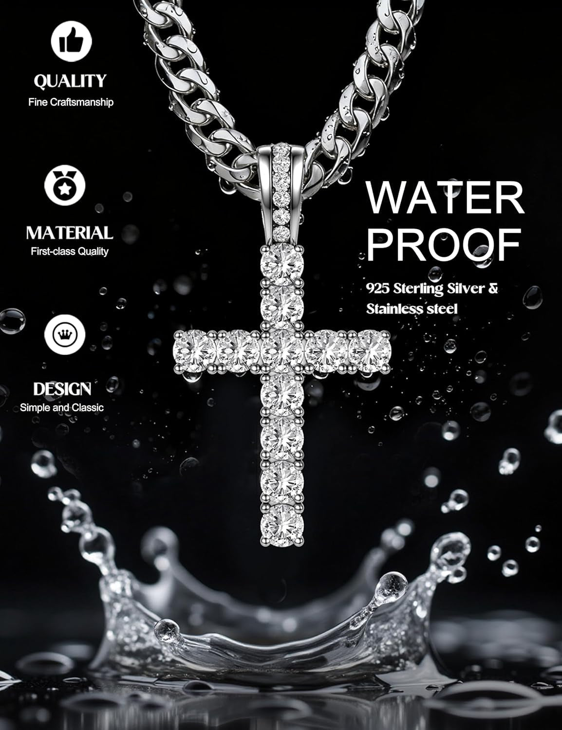 925 Sterling Silver Cross Necklace Men - CZ Cross Pendant Layered Necklaces Waterproof Stainless Steel Cuban Link Rope Chain Silver Necklace Stack Jewelry with Gift Box 16-30 Inches