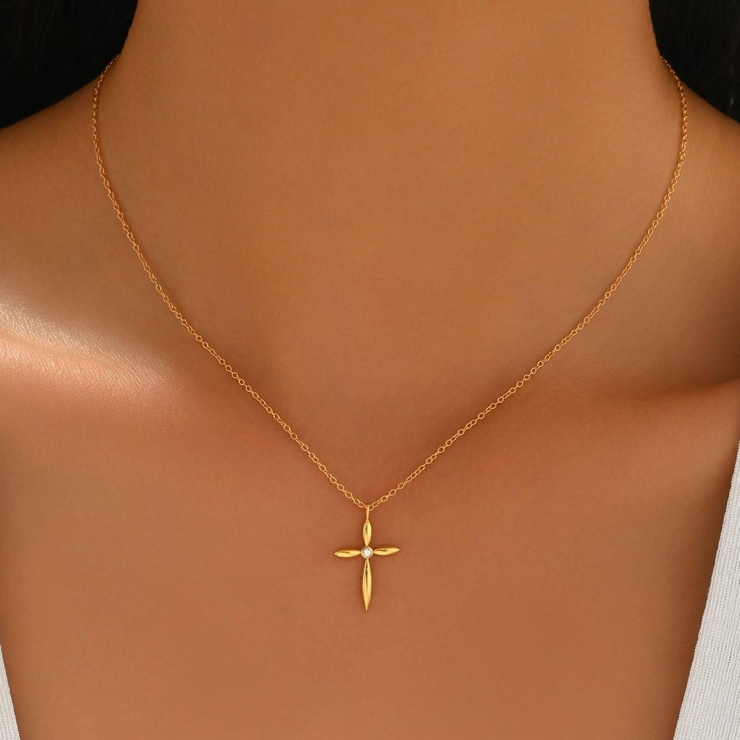 925 Sterling Silver Cross Necklaces for Women 14K Gold Plated Non Tarnish Dainty Cubic Zirconia Pendant Necklace for Mom Trendy Simple Cross Charm Chain Wedding Valentine'S Day Jewelry Gifts
