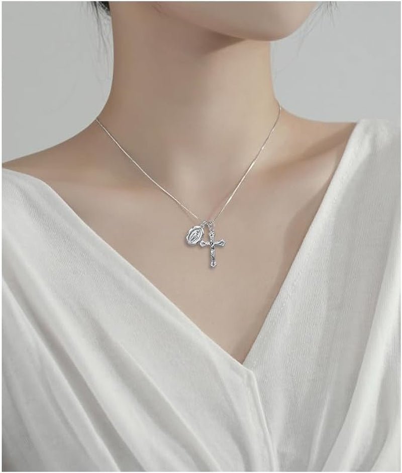925 Sterling Silver Crucifix Cross and Miraculous Medal Pendant Necklace for Women - WORLD TIME VISITS