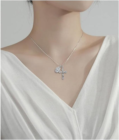 925 Sterling Silver Crucifix Cross and Miraculous Medal Pendant Necklace for Women - WORLD TIME VISITS