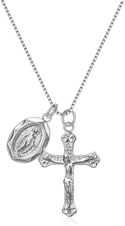 925 Sterling Silver Crucifix Cross and Miraculous Medal Pendant Necklace for Women - WORLD TIME VISITS