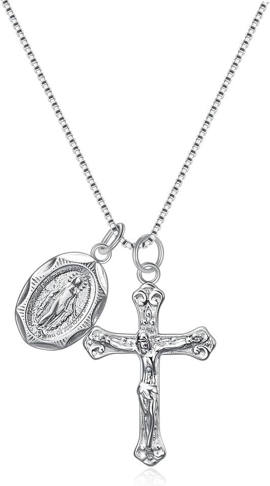 925 Sterling Silver Crucifix Cross and Miraculous Medal Pendant Necklace for Women - WORLD TIME VISITS